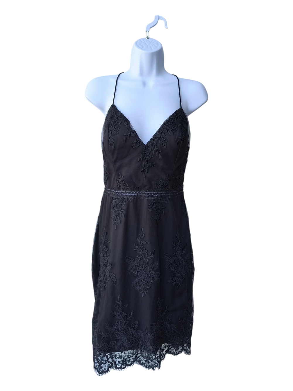 Entry Black Lace Spaghetti Criss Cross Strap V-Neck Cocktail Dress L NWT